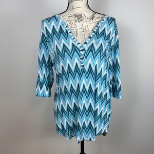 Pixley Chevron Top L Blue White Stretch Blouse 3/4 Sleeve Casual Work